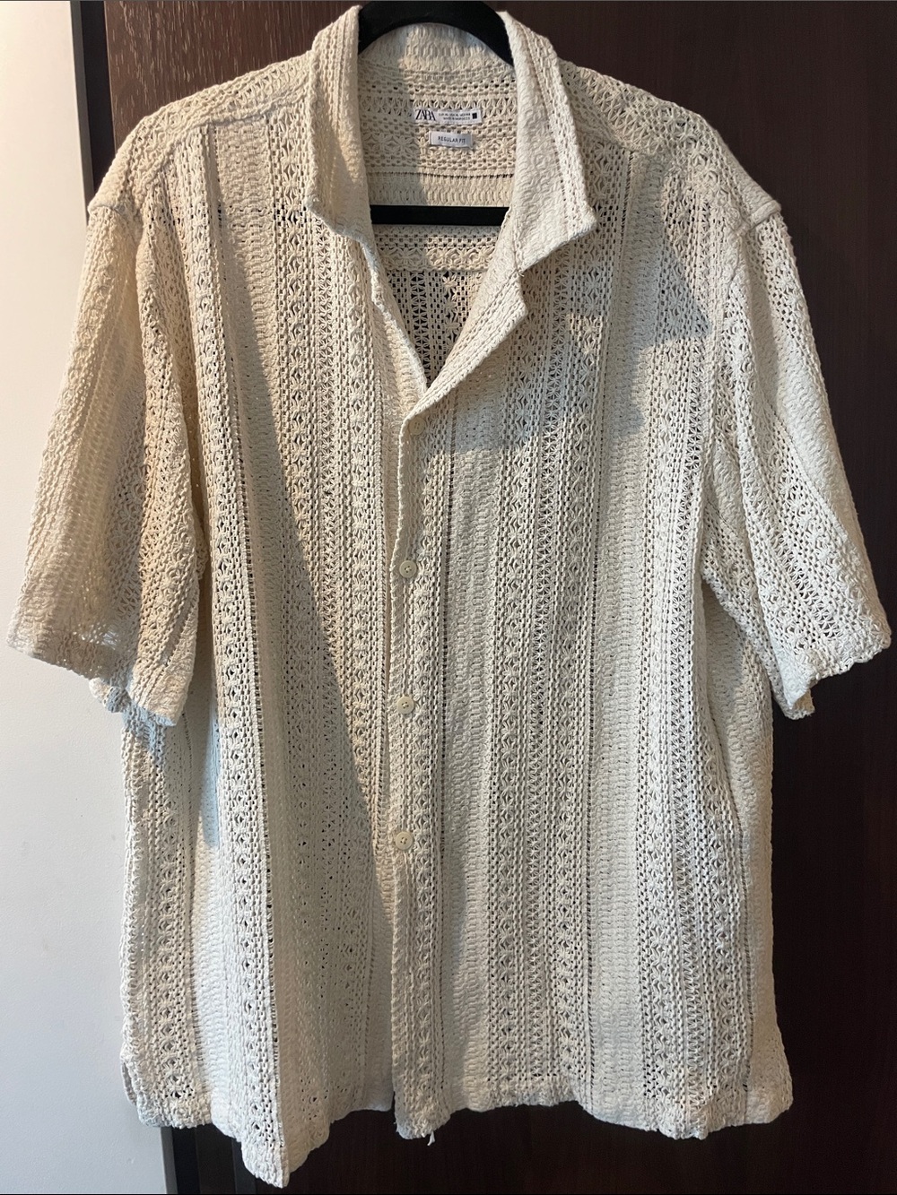 Zara Cream Open-Knit Short Sleeve Button-Down Shirt